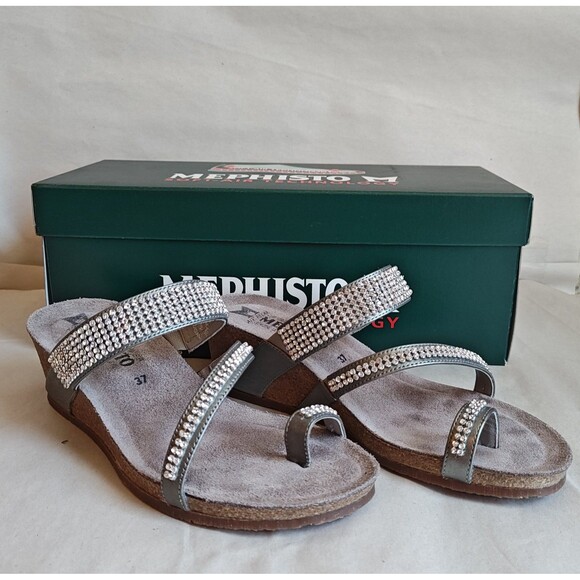 Mephisto Milly Shoes Womens Size 7 Steel Silver Wedge Sandals Rhinestone Straps - Picture 2 of 15
